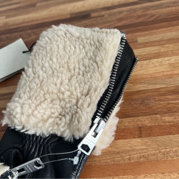 AllSaints Shearling Black Leather Gloves with Ecru Shearling cuff Zipper details - Picture 7 of 13